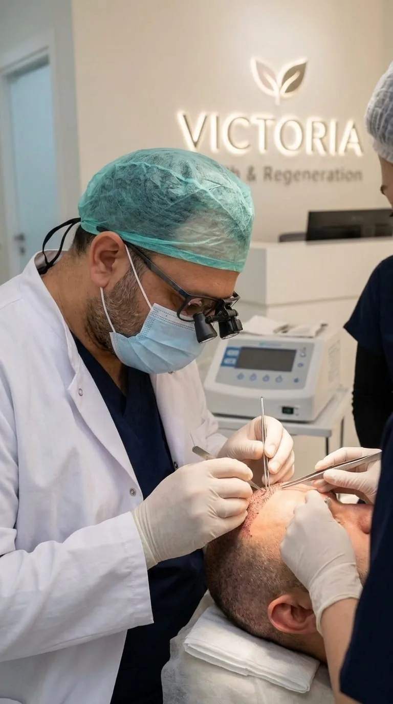 Dr. Uğur Özdemir bei einer Haartransplantation – ärztlich begleitete Analgosedierung, Victoria Health Mannheim