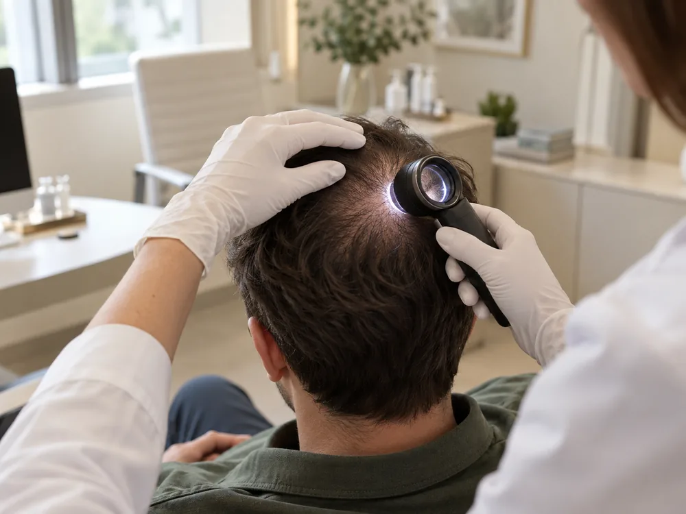 Ärztliche Kontrolle von Haar und Kopfhaut nach einer Haartransplantation